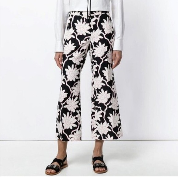 VALENTINO Floral Virgin Wool Silk Flare Pant Cropped Black White Designer 4 NEW - Picture 1 of 15